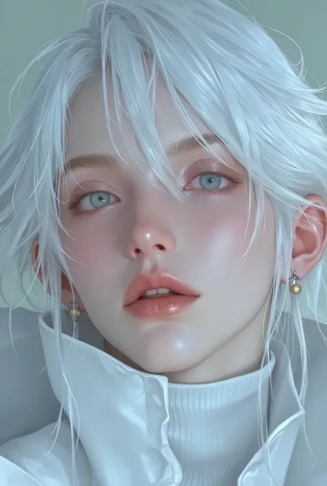 Ultra-detailed, 8k portrait, close-up, pale white hair, porcelain skin, icy blue eyes, intense gaze, soft light, high contrast, ethereal beauty, sharp jawline, turtleneck, dramatic lighting, cinematic look. Negative Prompt (very important): ugly, deformed,...