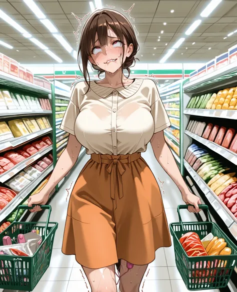 Standing height: 167cm, E-cup breasts with a thin waist and curved hips. Face has big eyes, full lips, elegant features. Short brown hair. masterpiece, high quality, best quality, 1girl, ((shopping)), ((hidden pleasure)), ((vibrator inside)), ((struggling ...