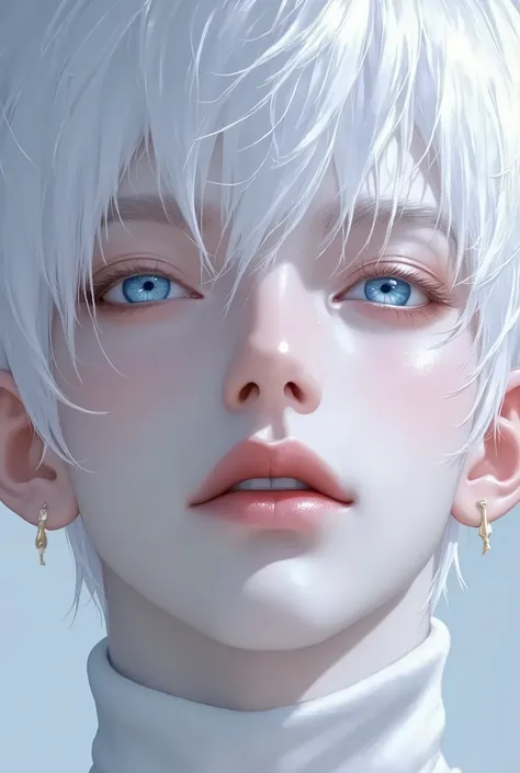 Ultra-detailed, 8k portrait, close-up, pale white hair, porcelain skin, icy blue eyes, intense gaze, soft light, high contrast, ethereal beauty, sharp jawline, turtleneck, dramatic lighting, cinematic look. Negative Prompt (very important): ugly, deformed,...