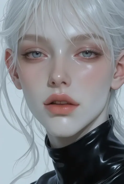 Ultra-detailed, 8k portrait, close-up, pale white hair, porcelain skin, icy blue eyes, intense gaze, soft light, high contrast, ethereal beauty, sharp jawline, turtleneck, dramatic lighting, cinematic look. Negative Prompt (very important): ugly, deformed,...