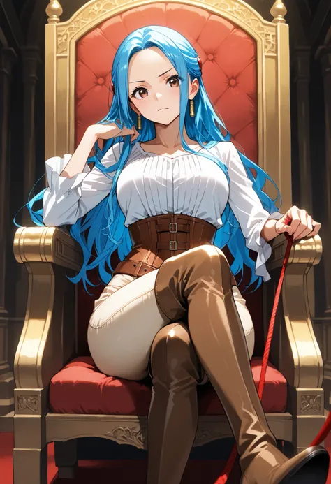 score9_up, score8_up, score7_up, alone, solo, masterpiece, best quality, nefertari-vivi, blue hair, long hair,sitting on throne, crossed legs, dominant, brown thigh boots,beige pants, beige tight pants, white shirt, brown belt, brown corset, pov at boots, ...