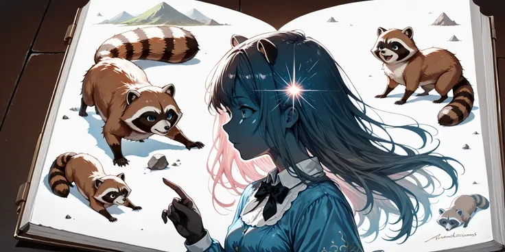 Break,(out-frame of a picture book:1.2),break,(watercolor, pastel, hand-drawn dream world, thick outlines),(1girl and 1animal ,1animal is the raccoon ,adventure in wonderland),(left side page is the raccoon,right side page is the girl),wrnchexpwhimsicalvi...