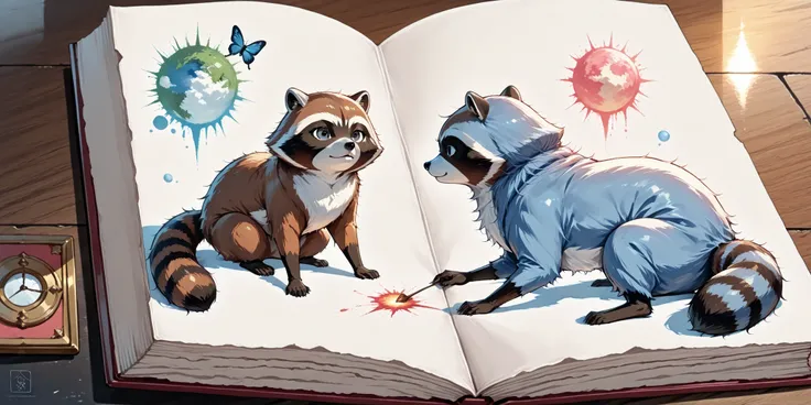 Break,(out-frame of a picture book:1.2),break,(watercolor, pastel, hand-drawn dream world, thick outlines),(1girl and 1animal ,1animal is the raccoon ,adventure in wonderland),(left side page is the raccoon,right side page is the girl),wrnchexpwhimsicalvi...
