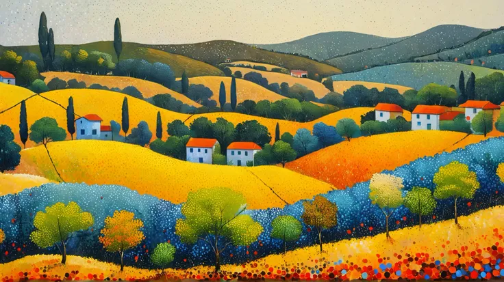 masterpiece,'s best work,best image quality, pointillism ,minimal art,Picture of a field with trees and hills,Colorful Landscape Painting,Cypress and Hills ,Vibrant Scenery,Colorful scenes,Vibrant Abstract Scenery