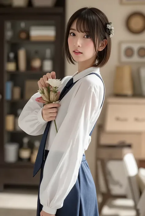 (( best quality)), (( masterpiece)), 's whole body、 age 、Super slender beauty、delicate body、A uniform that looks like a high school、shortcuts、Beautiful woman half Japanese and German、Smile、pose