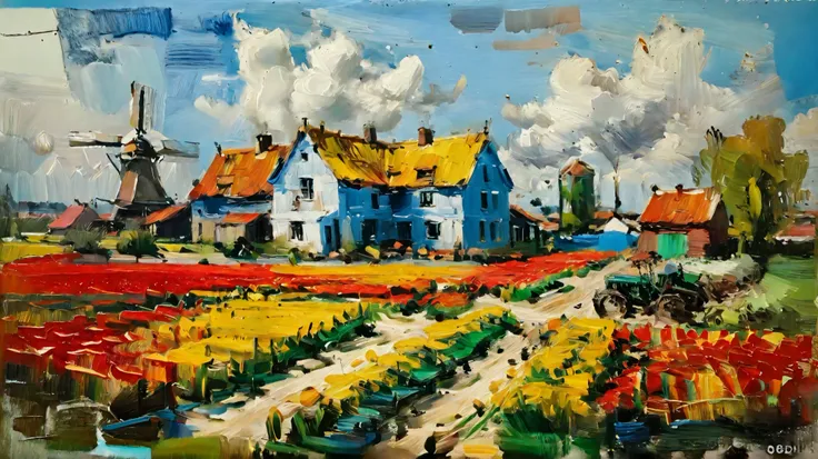  Oil painting sketch , of a Dutch farm in 1876, soft parts and artistic blur , Yellow,  sky blue , Red, , green,  masterpiece, particular,  Van Gogh Style. 4K. 