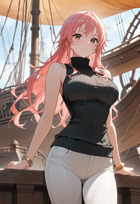 score9_up, score8_up, score7_up, solo, alone, masterpiece, best quality, nami, long hair, pink hair, brown eyes,, black sweater , sleeveless sweater , ribbed sweater , turtleneck, white tight pants, gold bracelet, on a pirate ship, very beautiful