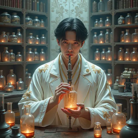 ((RPG MEDIEVAL CHARACTER)), Korean alchemist magician scientist man, 30 years old man in modern alchemy room with experiments behind him, best qualityer, 8k, extremely detaild,anime styling
