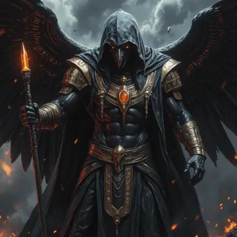 High Resolution, Masterpiece, Depth Of Field, Hyperrealistic, Ultra-Detailed, 8k. Imagine a dark and sinister image of the egyptian god Osiris. Depicted as a colossal muscular anthropomorphic crow god with massive black unfurled wings. Donned in the dark u...