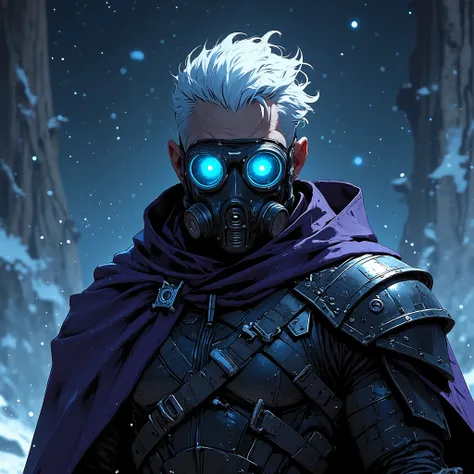 Mr freeze, with a long white undercut, facing the camera, wearing a gas mask, wearing black welder goggles with blue lenses, wearing dark purple cloak, in black armor, in battle, in a dark snow galaxy night