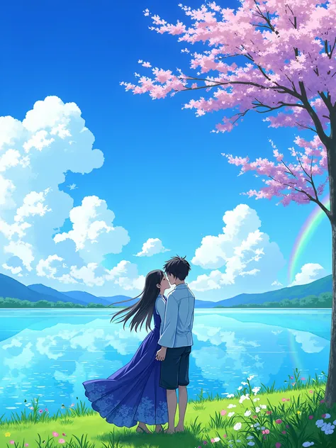 masterpiece, Best Quality, Ultra High Resolution, 8K, absurd, zavy-dtlnm, anime style, HAND-PAINTED FAIRY WORLD, young Japanese couple hugging and kissing on the lake, Beautiful Ripple, grassland, Tree, flower,  blue sky, rainbow, Soft light, Watercolor ed...