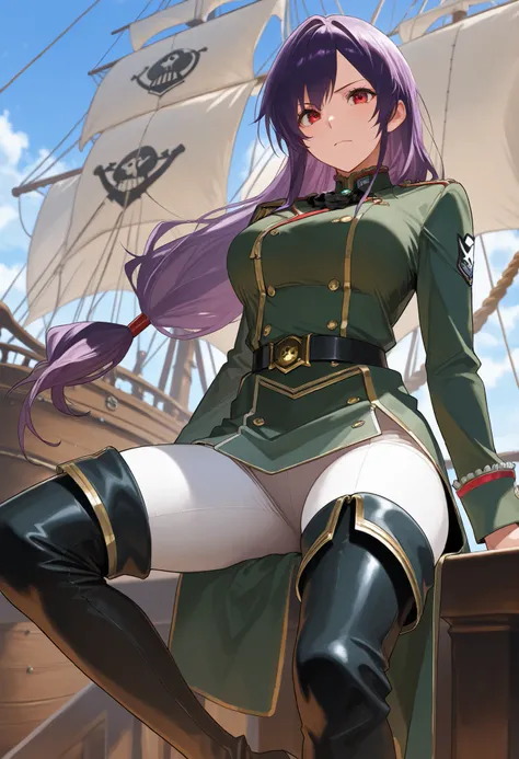 score9_up, score8_up, score7_up, solo, alone, masterpiece, best quality, defTif, red eyes, purple hair, low-tied long hair, green military uniform, white tight pants, black thigh boots, outfit with gold trim , on a pirate ship, very beautiful