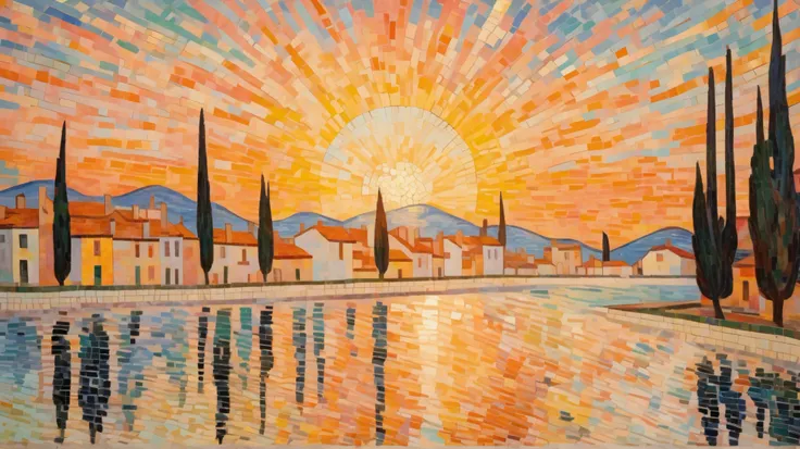 Paul Signac style - Charles Engrand's mosaic-style landscape painting, depicts a town under the morning sun with a broad brush stroke., The warm color of the sunrise is reflected in the water, and