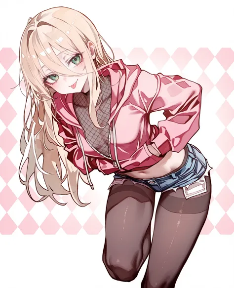 by cocoballking, by momisan, 1girl, beige hair, long hair, unkempt, very long bangs, hair between eyes, green eyes, aegyo sal, petite, small breasts, fishnet top, midriff, micro shorts, denim shorts, pantyhose, pink hoodie, elbow gloves, hands on pockets, ...