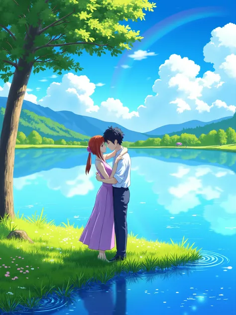 masterpiece, Best Quality, Ultra High Resolution, 8K, absurd, zavy-dtlnm, anime style, HAND-PAINTED FAIRY WORLD, Young Japanese Couple Embracing and Kissing by the Lake, Beautiful Ripple, grassland, Tree, flower,  blue sky, rainbow, Soft light, Watercolor ...