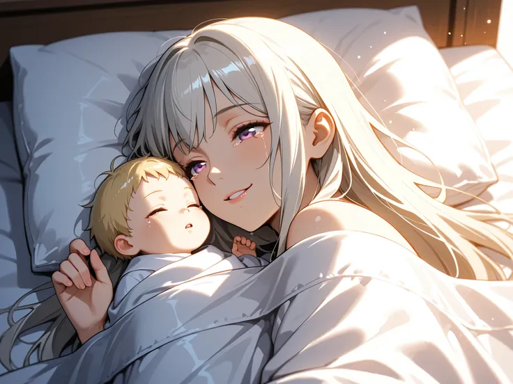  scene of a tender moment between a mother and her baby lying down together. The mother has long,blonde hair and expressive purple eyes with visible tears of joy. Her face is gently turned toward her sleeping baby, and she has a soft, emotional smile. The ...