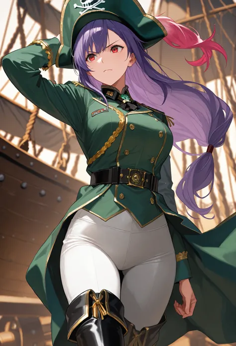 score9_up, score8_up, score7_up, solo, alone, masterpiece, best quality, defTif, red eyes, purple hair, low-tied long hair, green military uniform, white tight pants, black thigh boots, outfit with gold trim , on a pirate ship, very beautiful