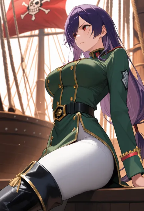 score9_up, score8_up, score7_up, solo, alone, masterpiece, best quality, defTif, red eyes, purple hair, low-tied long hair, green military uniform, white tight pants, black thigh boots, outfit with gold trim , on a pirate ship, very beautiful