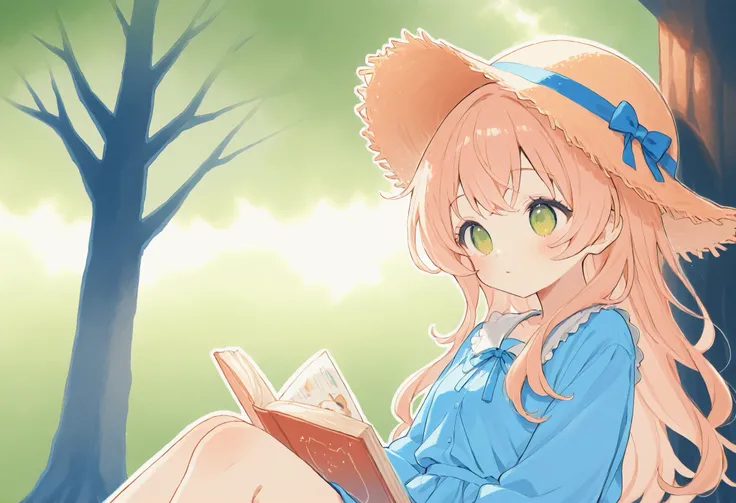 Picture book touch、Illusory World Drawn、Watercolor Smudges、thick outline、watercolor、catと戯れる少女、sunshine、Straw Hat、cat、 Compa、Playing Under One Big Tree、catと少女がじゃれあう