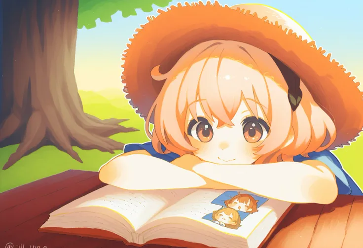 Picture book touch、Illusory World Drawn、Watercolor Smudges、thick outline、watercolor、catと戯れる少女、sunshine、Straw Hat、cat、 Compa、Playing Under One Big Tree、catと少女がじゃれあう