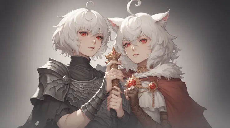  Bio-Androide Arrisa ((cat girl)), (red eyes), (medium hair), (( white hair, (Ahoge), straight bangs,)), (pose dinámica, pose de combate) , fondo post-apocalíptico de ciencia ficción, colores grises y obscuros, estilo code vein y dark souls