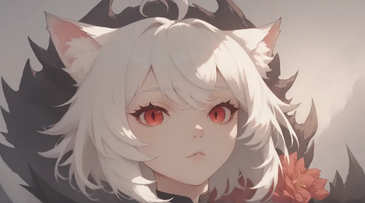 Arrisa ((cat girl)), (red eyes), (medium hair), (( white hair, (Ahoge), straight bangs,)),
