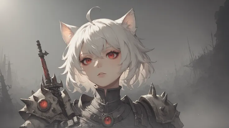 Arrisa ((cat girl)), (red eyes), (medium hair), (( white hair, (Ahoge), straight bangs,)), (in the background of a post-apocalyptic environment)