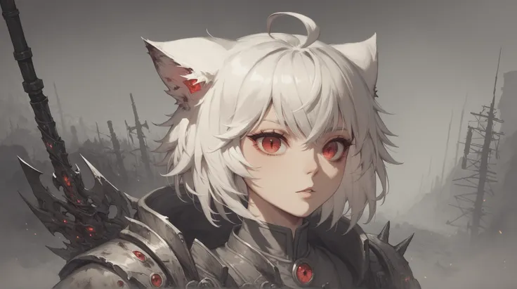 Arrisa ((cat girl)), (red eyes), (medium hair), (( white hair, (Ahoge), straight bangs,)), (in the background of a post-apocalyptic environment)