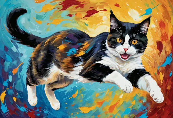 {"prompt": "An oil painting style illustration of a cat jumping gracefully in mid-air, with dynamic motion and expressive brush strokes, rich colors, and a textured canvas background.", "size": "1024x1024"}