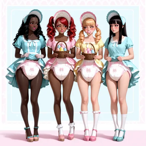 masterpiece, very awa, best quality, amazing quality, very aesthetic, absurdres, newest, intricate details, photorealistic, 4girls, light skin, brown skin, dark skin, very dark skin, blonde hair, black hair, auburn hair, red hair, beautiful, smooth skin, c...