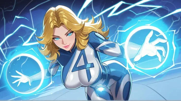 suest0rm, 1girl, susan storm, fantastic four, long blonde hair, glowing blue eyes, large breasts, magic, glowing orb, blue lightning, best quality, masterpiece,  pink lips, beautiful face, seductive smile, seductive eyes, lewd pose, 