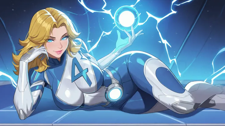 suest0rm, 1girl, susan storm, fantastic four, long blonde hair, glowing blue eyes, large breasts, magic, glowing orb, blue lightning, best quality, masterpiece,  pink lips, beautiful face, seductive smile, seductive eyes, lewd pose, 