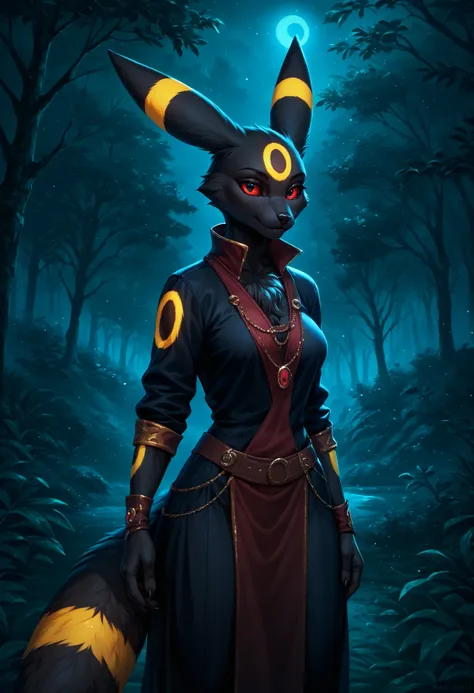 score_9, score_8_up, score_7_up, source_furry, rating_safe, by magnaluna,, 1girl,anthro, umbreon, black body fur, gold markings, pokemon, red eyes, fluffy fur, at night, moonlight, forest, detailed background, best quality, clothing, 1 tail