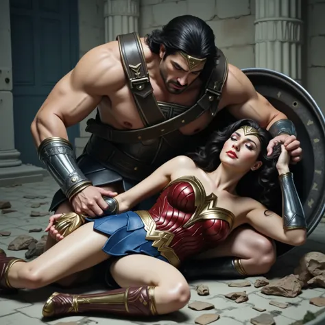 Wonder woman is lying down on an ancient Greek warrior, eyes close, nervous, painful face, bad injury, a stronger ancient Greek warrior is bending over her body, he is holding her body, he touch her leg,