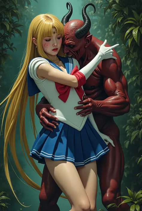 Hyperrealism, masterpiece, highest quality, A young Japanese woman is bending down and hugging from behind by a devil, ((she is crying and screaming in pain)), a bit of blood on her inner thighs, tears from her eyes, painful face, she is wearing a Sailor M...
