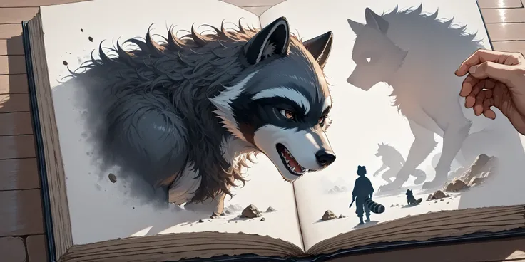 Break,(out-frame of a picture book:1.2),break,(watercolor, pastel, hand-drawn dream world, thick outlines),(1boy and 1animal,1boy is werewolf ,1animal is the animal form raccoon ) ,(left side page werewolf,right side page is the raccoon),adventure in won...