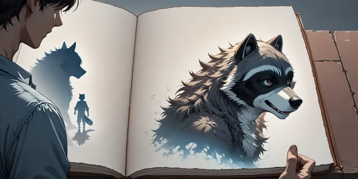 Break,(out-frame of a picture book:1.2),break,(watercolor, pastel, hand-drawn dream world, thick outlines),(1boy and 1animal,1boy is werewolf ,1animal is the animal form raccoon ) ,(left side page werewolf,right side page is the raccoon),adventure in won...