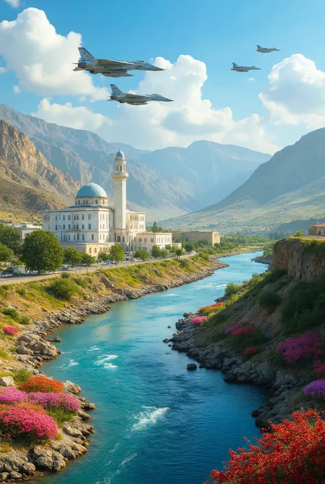 in high-definition images、A masterpiece that imaged the plains of the Iranian Plateau in summer、vivid colors、Strong style with a spectacular and dramatic expression、a small village with a mosque、white house々、A serene blue river、The finest environment with...