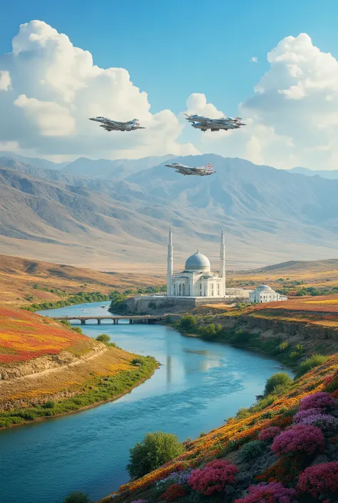 in high-definition images、A masterpiece that imaged the plains of the Iranian Plateau in summer、vivid colors、Strong style with a spectacular and dramatic expression、a small village with a mosque、white house々、A serene blue river、The finest environment with...