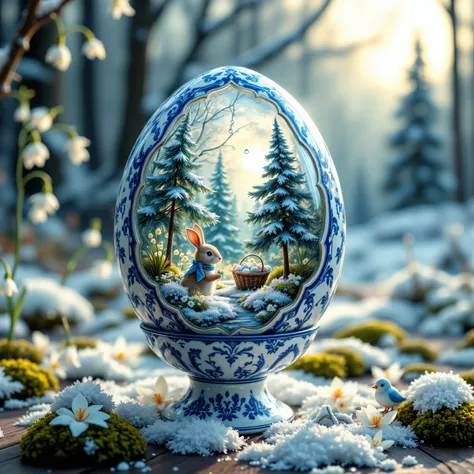 EEnchanting photorealistic Easter still-life, ornate glass egg with porcelain texture and signature Gzhel blue-and-white patterns, delicate as frost-kissed china, yet touched by first droplets of spring — as if painted designs begin to come alive. Inside e...