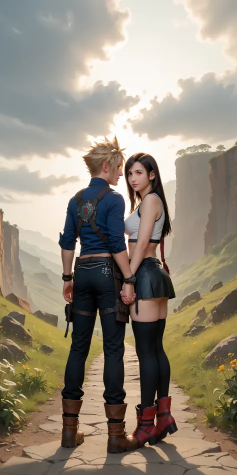 ( Masterpiece , better lighting quality) 1 guy , Cloud Strife из FINAL FANTASY , Одежда Cloud Strife из FINAL FANTASY , эпическая поза perfect anatomy , Thigh Portrait , ( Masterpiece , better lighting quality) 1 girl , Tifa from FINAL FANTASY , Одежда Tif...