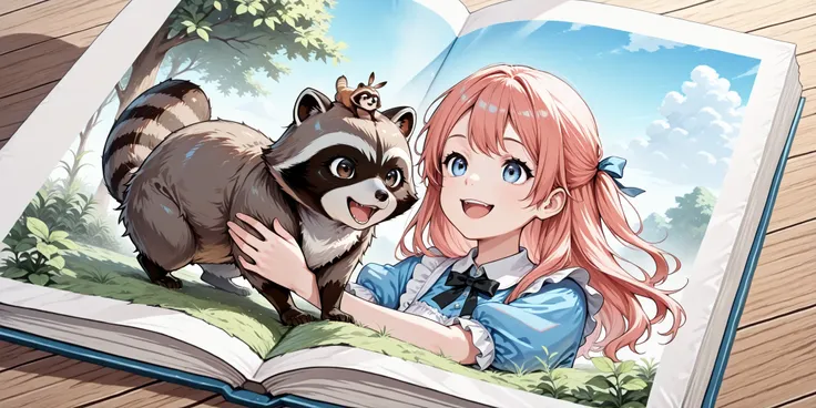 Break,(out-frame of a picture book:1.2),break,(watercolor, pastel, hand-drawn dream world, thick outlines),(1girl and 1animal ,1animal is the raccoon ,adventure in wonderland),(left side page is the raccoon,right side page is the girl),happy snail,happy e...