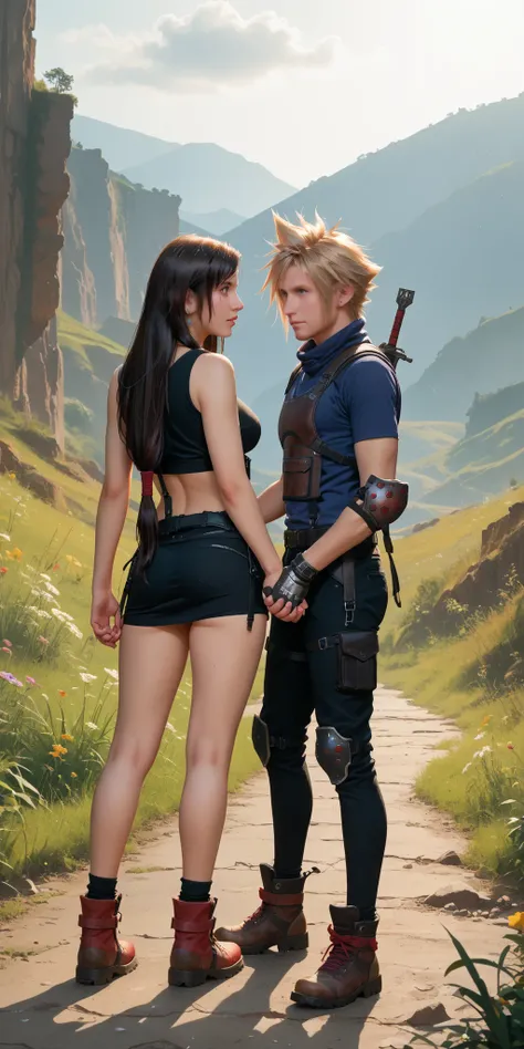 ( Masterpiece , better lighting quality) 1 guy , Cloud Strife из FINAL FANTASY , Одежда Cloud Strife из FINAL FANTASY , эпическая поза perfect anatomy , Thigh Portrait , ( Masterpiece , better lighting quality) 1 girl , Tifa from FINAL FANTASY , Одежда Tif...