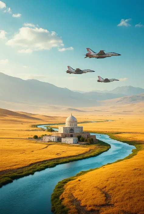 I'm imagining、a masterpiece of images of the plains of the Iranian plateau in summer 、 bright color 、 spectacular dramatic expression intense style 、 a small village with a mosque 、 white house々、 A gentle blue river、 crystal water top quality environmen...