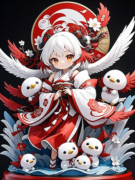 Tengu_girl、(masterpiece:1.2),high quality of wavy lines、very breathtaking、beautiful details、best image quality、((Three-dimensional works)),Hug a white plush character