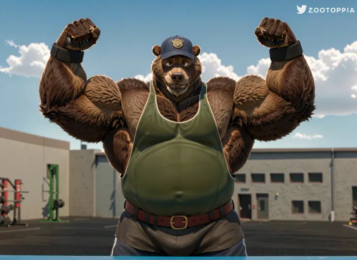 solo, 1boy, Huge Middle aged Muscular Old Grizzly Bear Daddy, hat, pectoral, huge pectoral, wide pectoral, short pants black wristbands gloves and tank top, waistbelt, bearded, Mustache, gym background, frontside, masterpiece, Zootopia, high detailed, 8k, ...