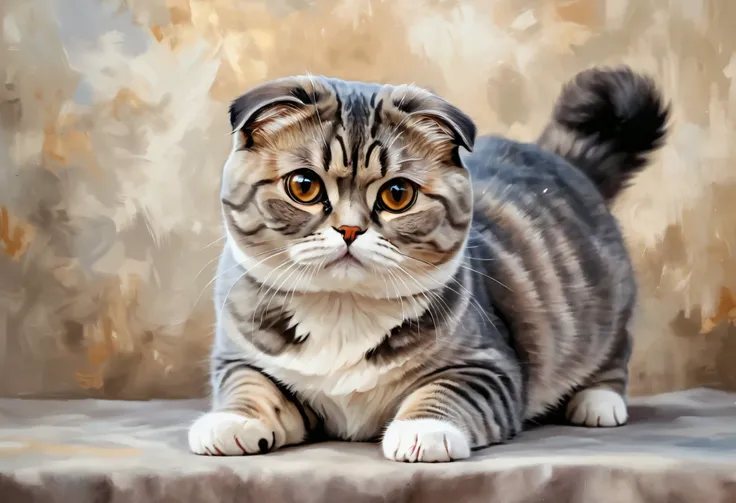 A cute Scottish Fold cat stretching its front paws forward, big round eyes, folded ears, soft fluffy fur, painted in the style of an oil painting, rich textures, warm and cozy colors, soft natural lighting, charming and heartwarming atmosphere, highly deta...