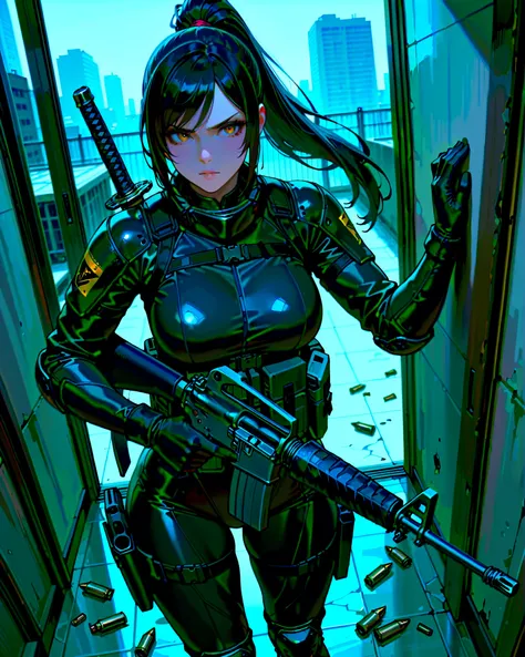 masterpiece, highest quality, 8k, solo, solo focus, highly detailed, (perfect face:1.1), (high detail:1.1), 1female, ninja, mercenary, (holstered sword:1.2, katana:1.2) jet black hair, long hair, side-swept bangs, ponytail hair, amber eyes, beautiful detai...