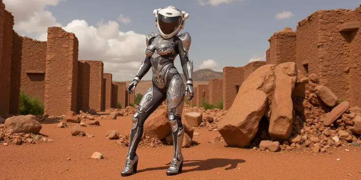 sexy space explorer (sxvnr, body hugging explorer suit siminlar to a yoga outfit but made of shinier fabrics, hand held tools, bubble helmet), is exploring the ruins of an ancient alien city. Apparently the city was ultra high tech and populated by robots....