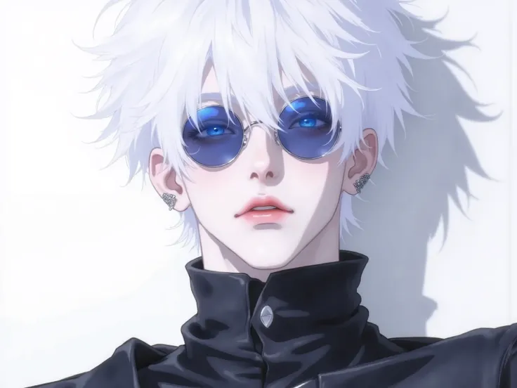 ((점수_9,점수_8_위로)), GOJO SATURO, Portrait of Gojo Satoru from "Jujutsu Kaisen", upper body only, facing forward with a calm and confident expression. White hair, blue sunglasses, wearing a high-collared black uniform. anime style, detailed lighting, soft sha...